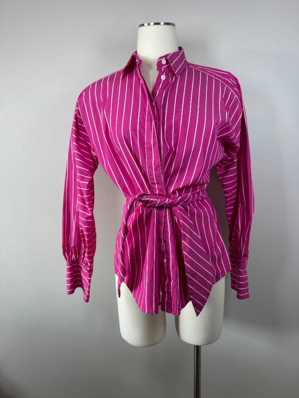 Lauren Ralph Lauren Fuchsia Pink Striped Tie-Waist Shirt Medium